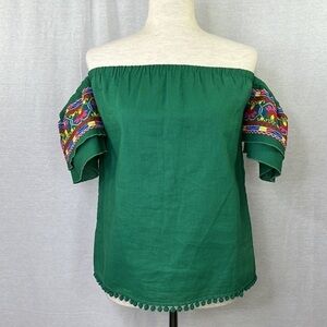 JOY JOY Women’s Off Shoulder  Green Embroidered Top Sz S
